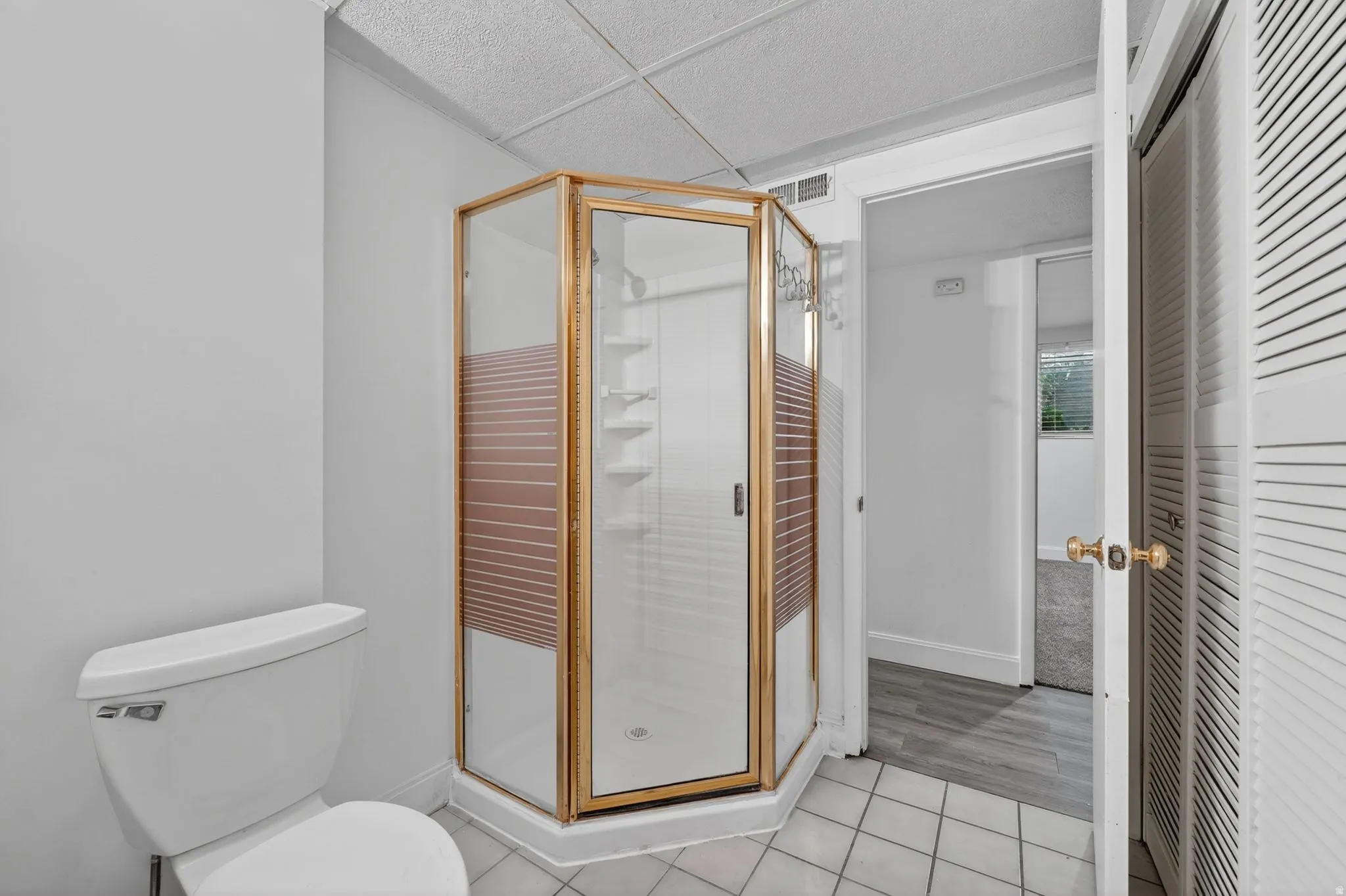 Bathroom with a corner glass-enclosed shower featuring gold-tone framing and integrated shelving