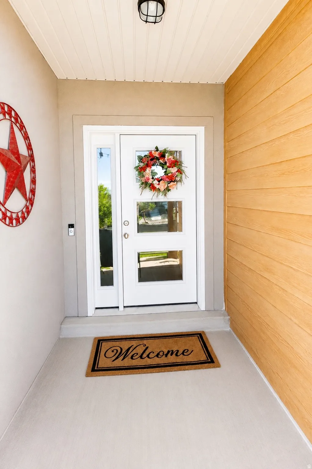 Covered front porch featuring a white door with multiple glass panes, a sidelight, and an overhead light fixture
