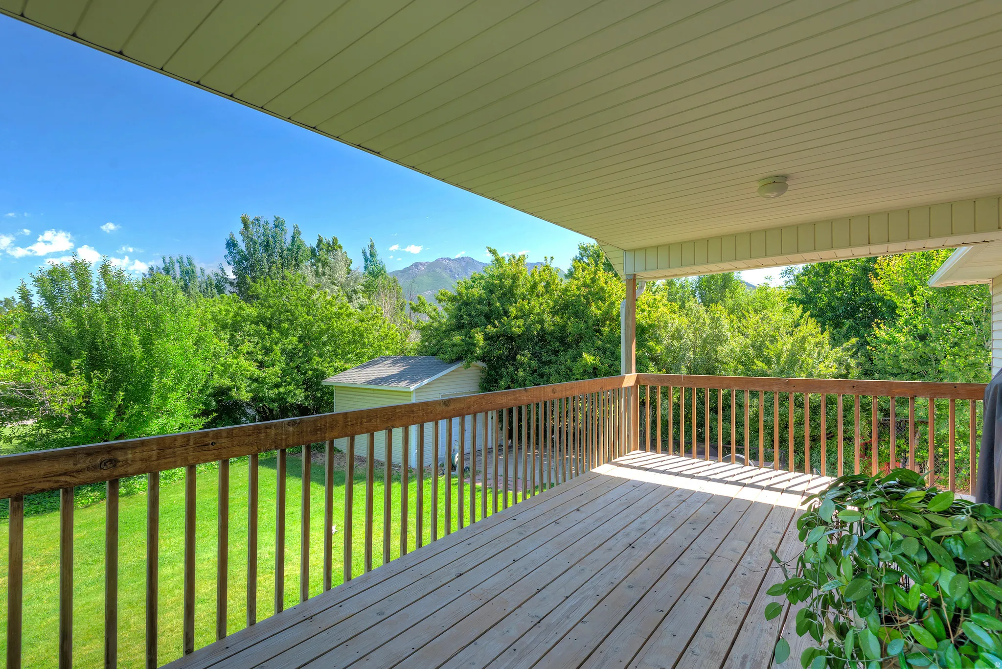 Spacious outdoor deck featuring natural wood railing and flooring, covered ceiling, and expansive green foliage beyond