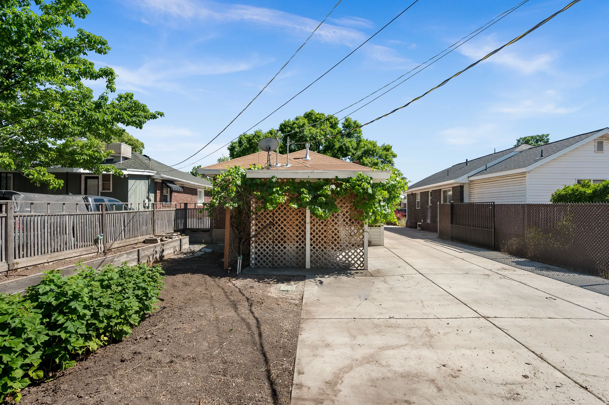 Backyard garden areas and covered patio