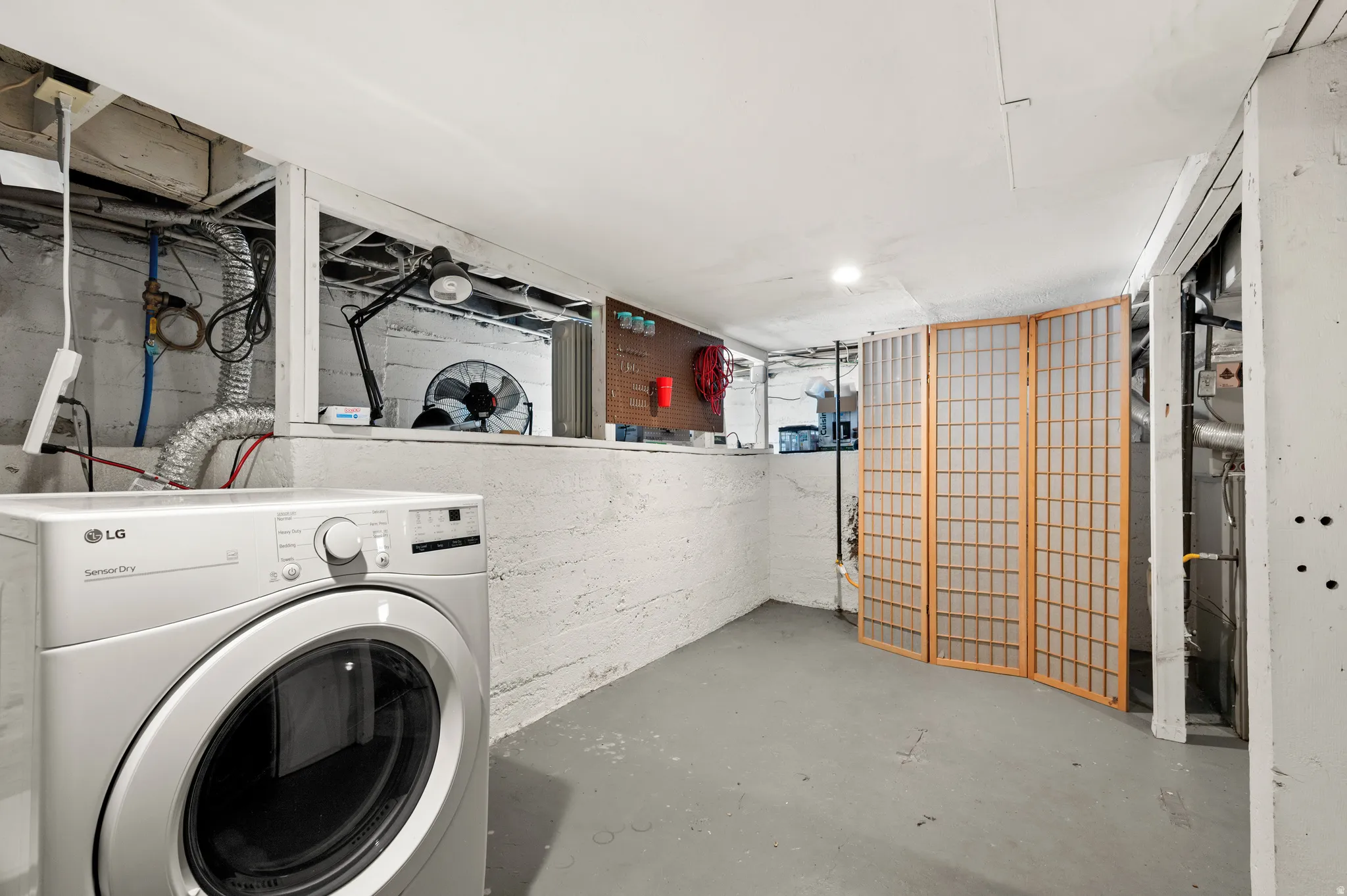 Washer, dryer, utility sink, furnace, water heater and storage