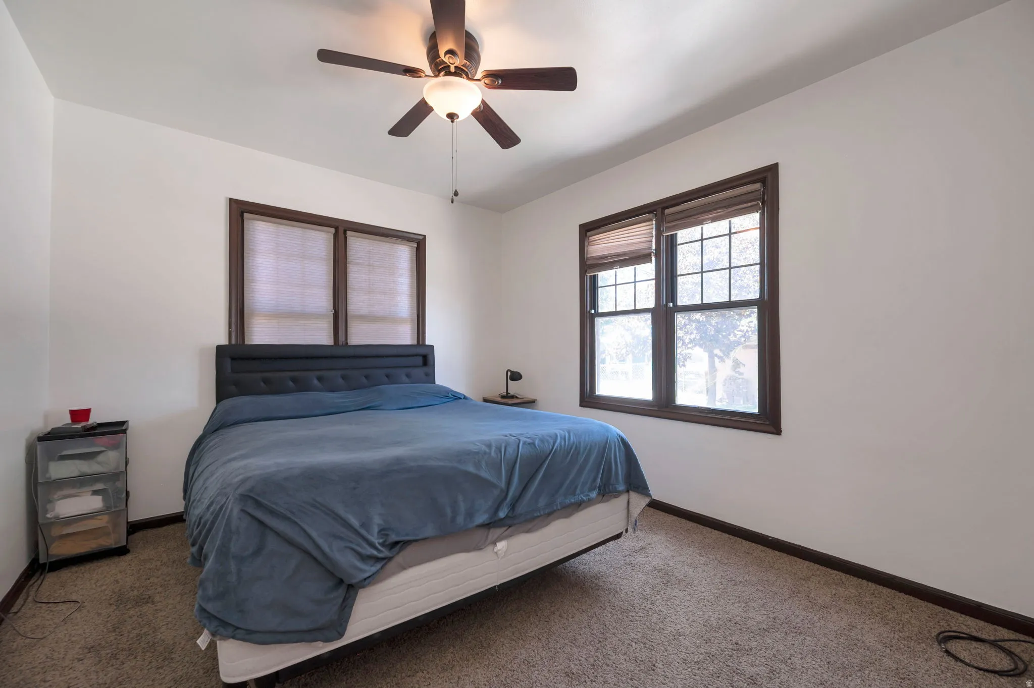 Carpeted room featuring a ceiling fan with integrated lighting, two windows with blinds, and dark wood trim