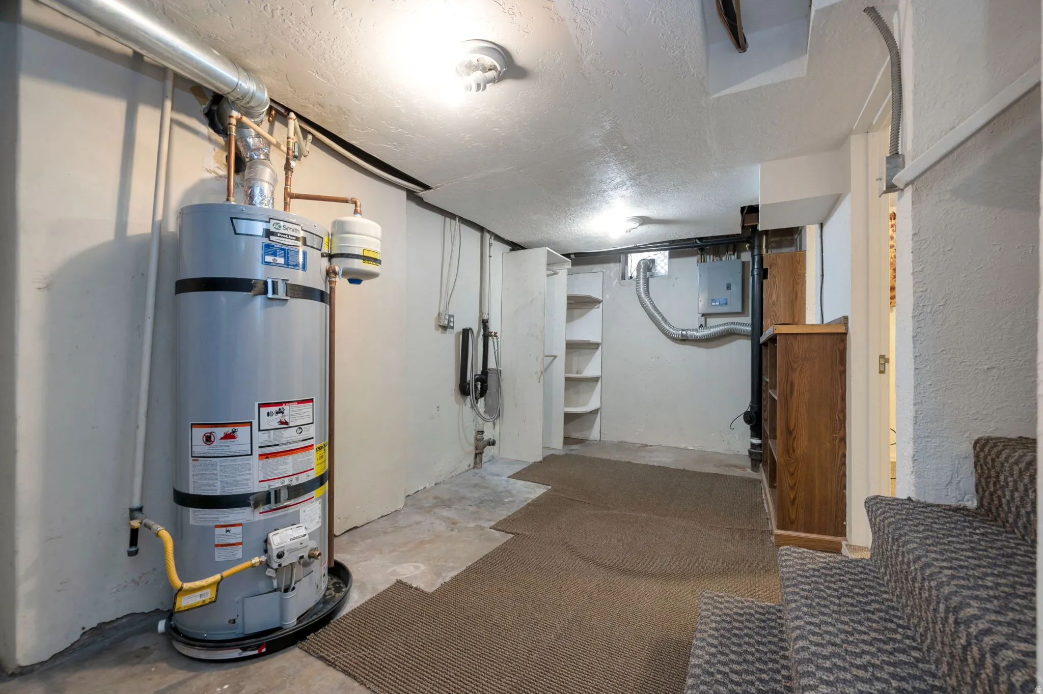 Utility room featuring a water heater, exposed piping, and shelving units