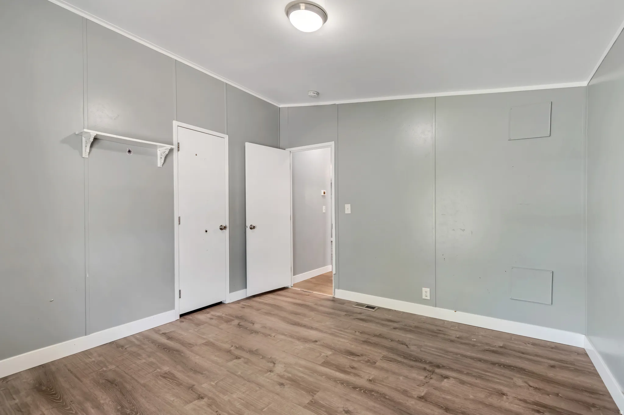 Interior space featuring wood-finish flooring, light gray wall paneling, white trim, a flush mount ceiling light, and multiple interior doors
