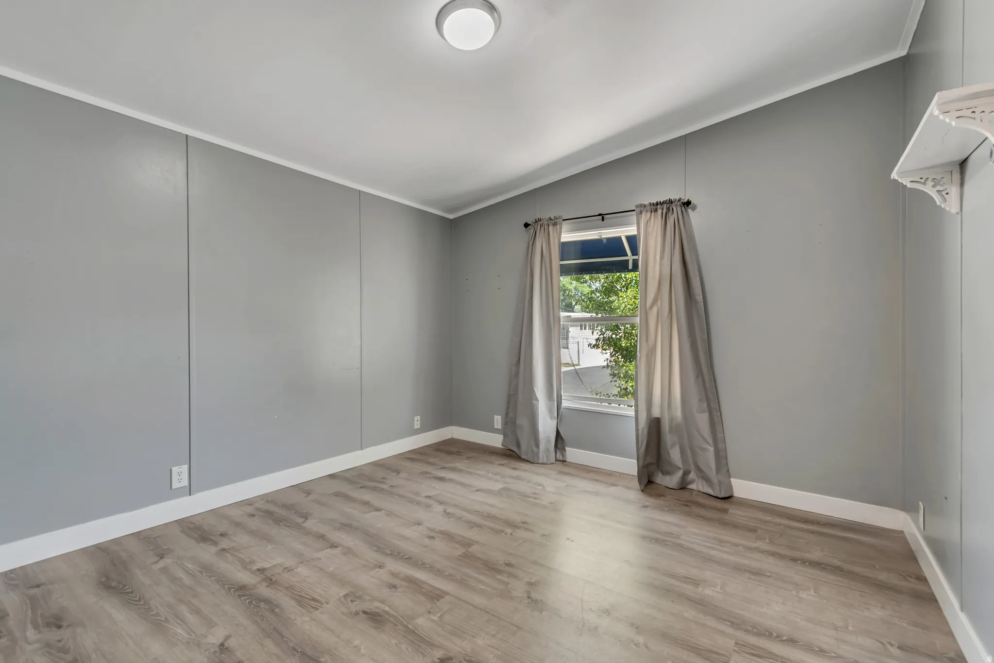 Spacious room featuring wood-finish flooring, light grey walls, white trim, and a window with a dark curtain rod