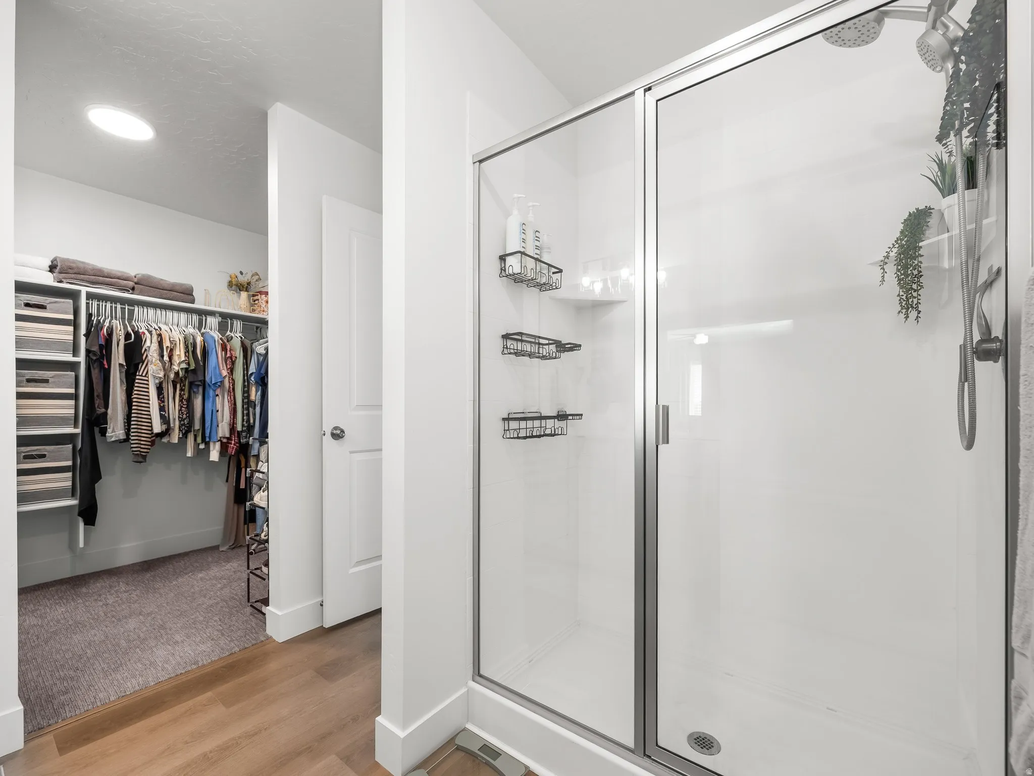 Walk-in shower with clear glass enclosure and dual showerheads