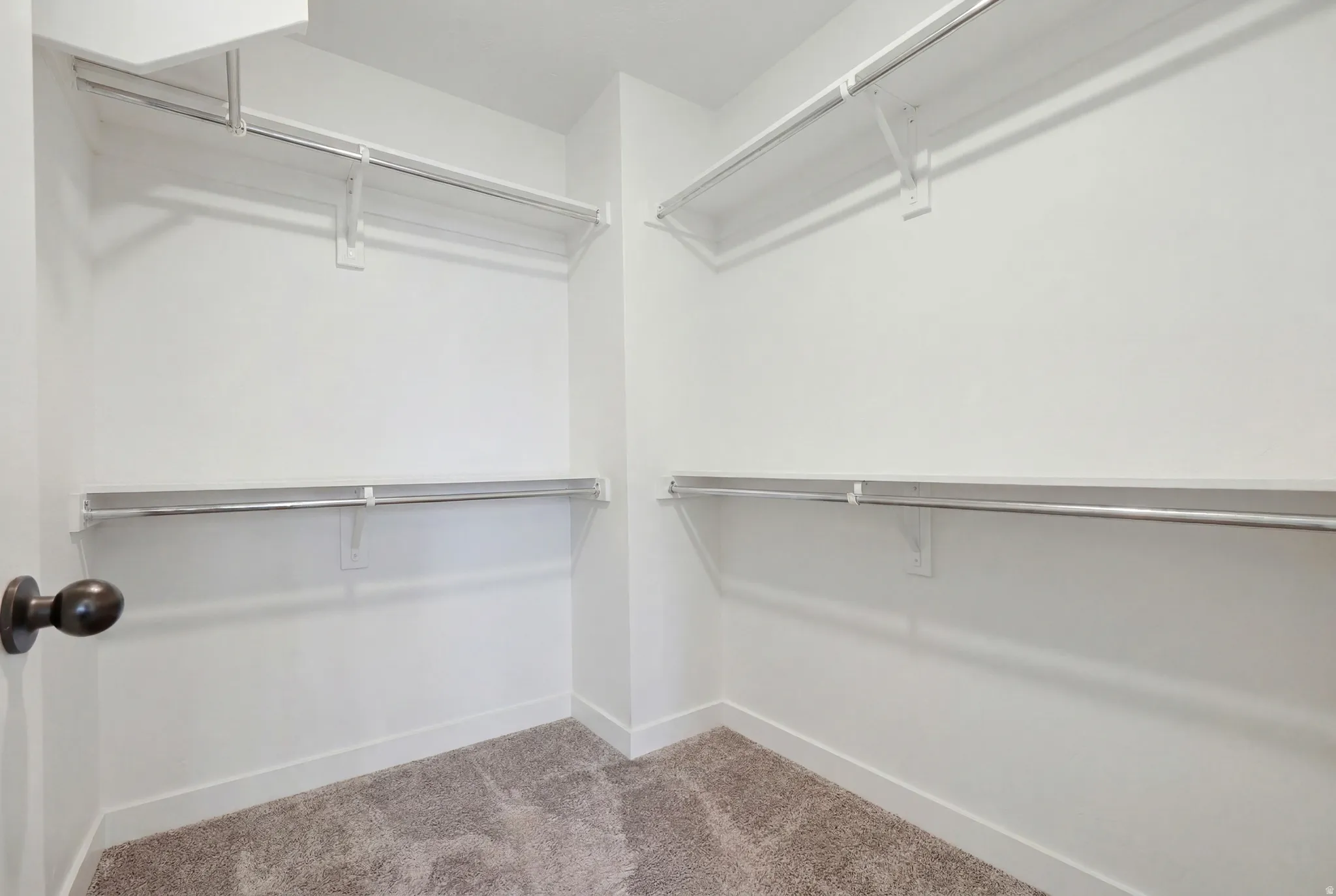 Walk-in closet featuring white walls, white baseboards, and light brown carpeting