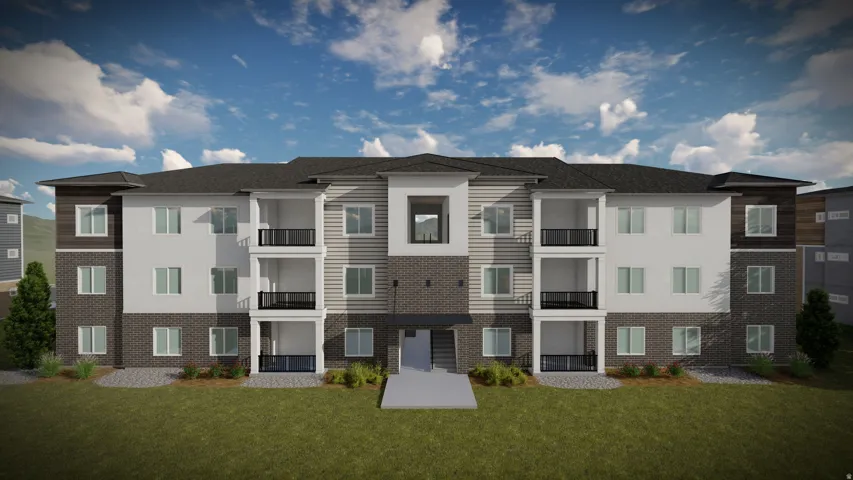 Multi-story building featuring a facade of white siding, dark brick, and horizontal wood-finish panels