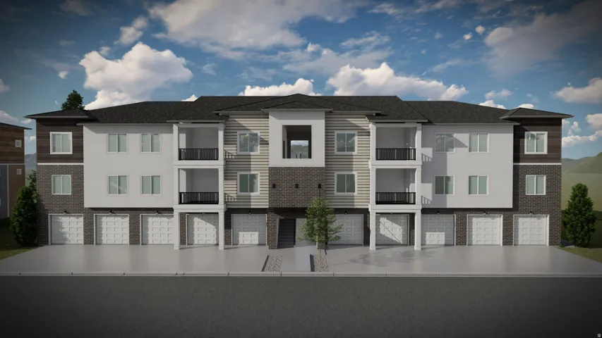 Modern multi-story building featuring a facade of white siding, dark brick, and wood-finish accents