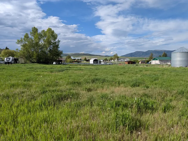 Expansive green field with natural growth, surrounded by distant residential structures and mature trees
