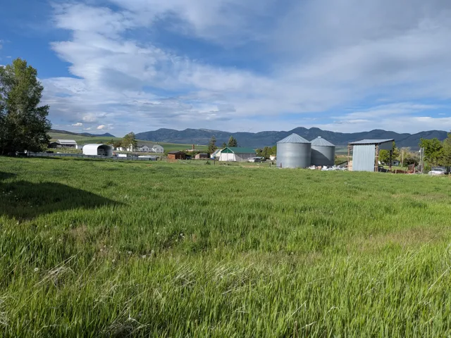 Expansive green pastureland with multiple outbuildings, including two large metallic silos and a covered structure