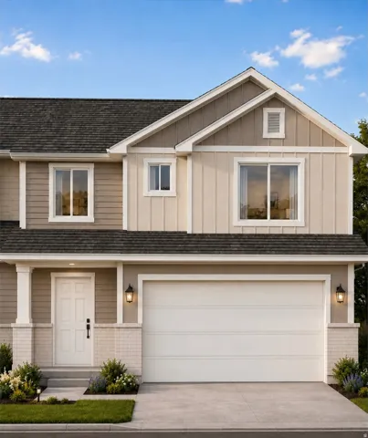 Two-story residence featuring a neutral exterior with horizontal and vertical siding