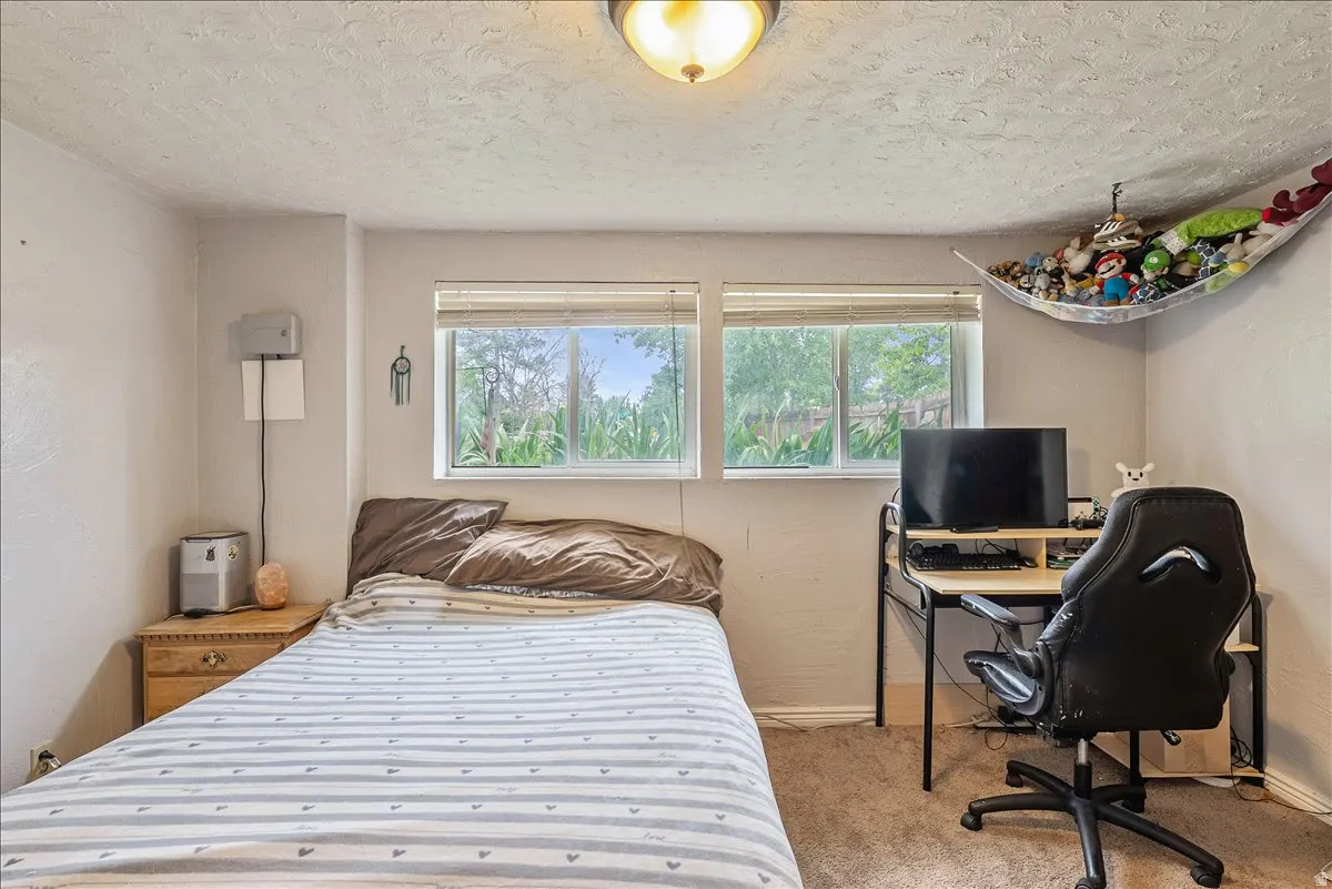 Comfortable bedroom featuring two windows with natural light, light-colored walls, and textured carpeting