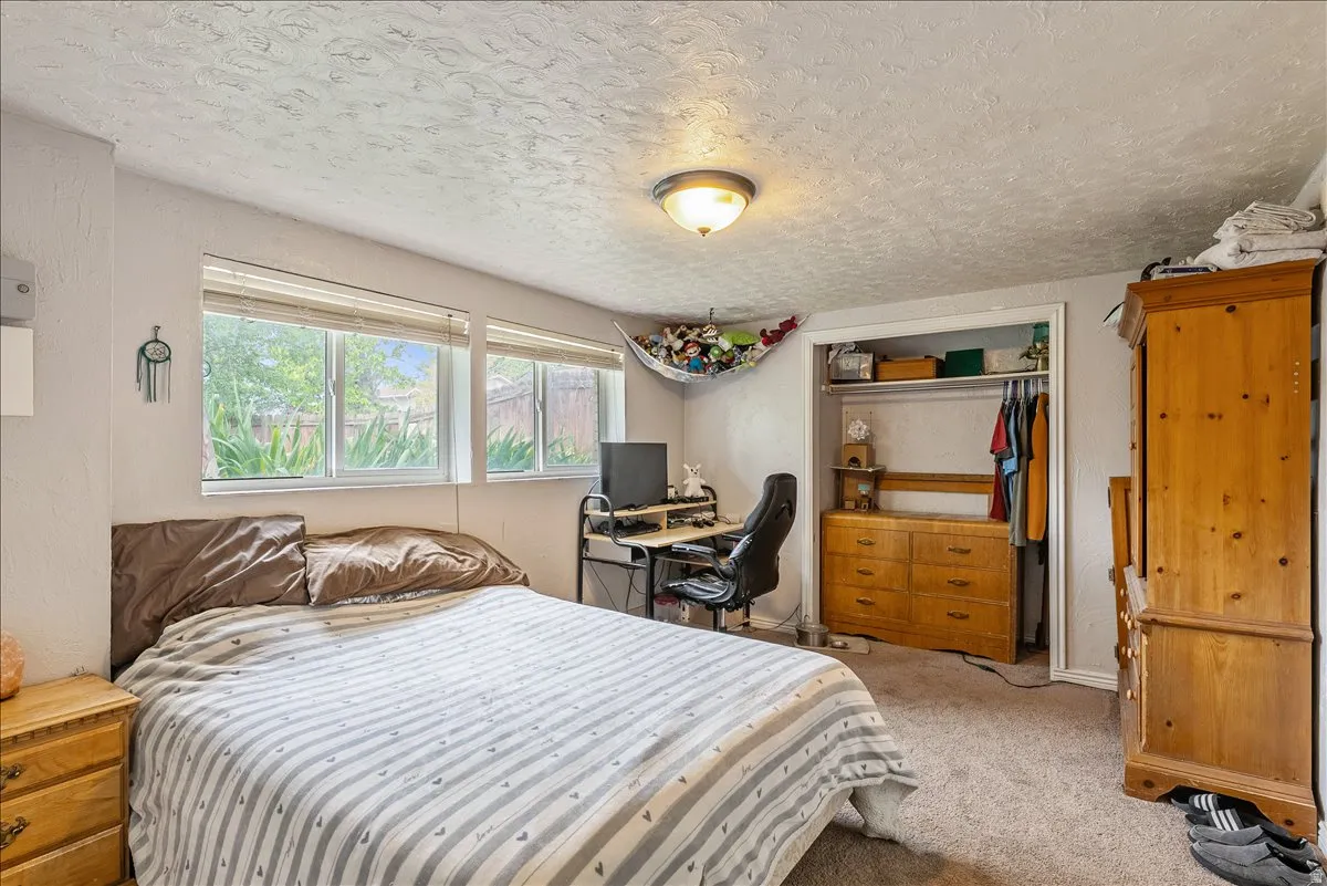 Carpeted room featuring multiple windows with blinds, a ceiling-mounted light fixture, and an open closet space with built-in shelving