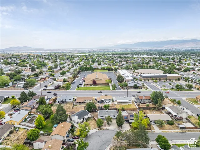 Expansive aerial perspective showcasing a residential area with varied housing styles and mature landscaping