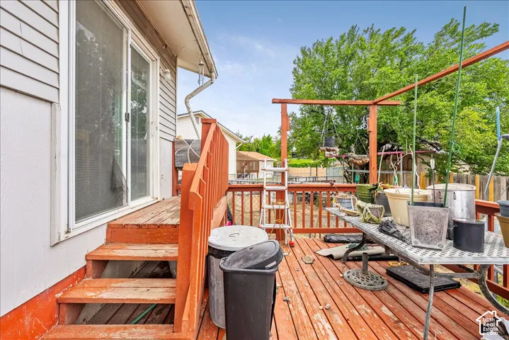Expansive wood deck with a full railing system