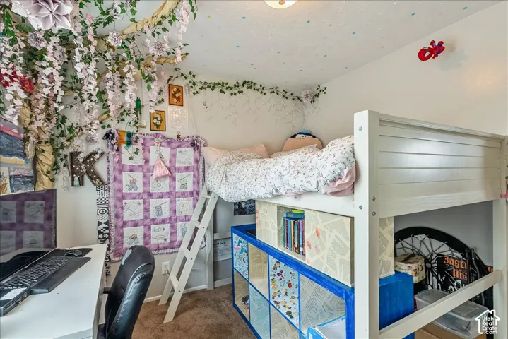 White bunk bed with integrated shelving, a built-in ladder, and carpeted flooring