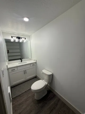 Bathroom featuring a dual-sink vanity with white cabinetry, a light-toned countertop, and dark wood-finish flooring