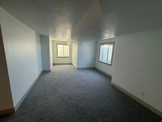 Spacious interior featuring patterned carpeting, recessed lighting, and two windows with horizontal blinds
