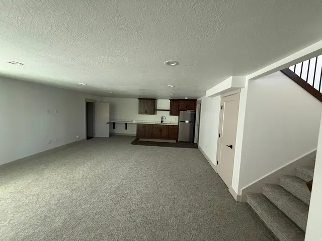 Spacious lower-level area featuring plush carpet flooring, recessed lighting, and a kitchenette with wood cabinetry, a stainless steel refrigerator, and a sink