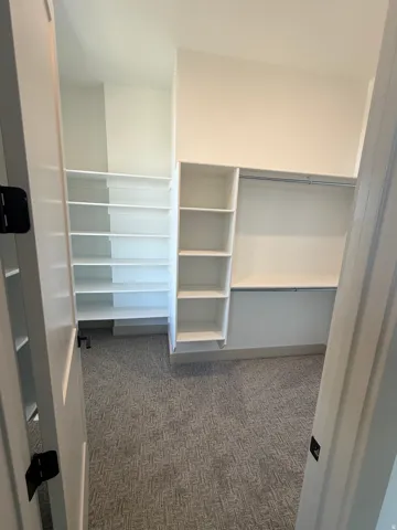Walk-in closet featuring built-in shelving, hanging rods, and patterned carpeting