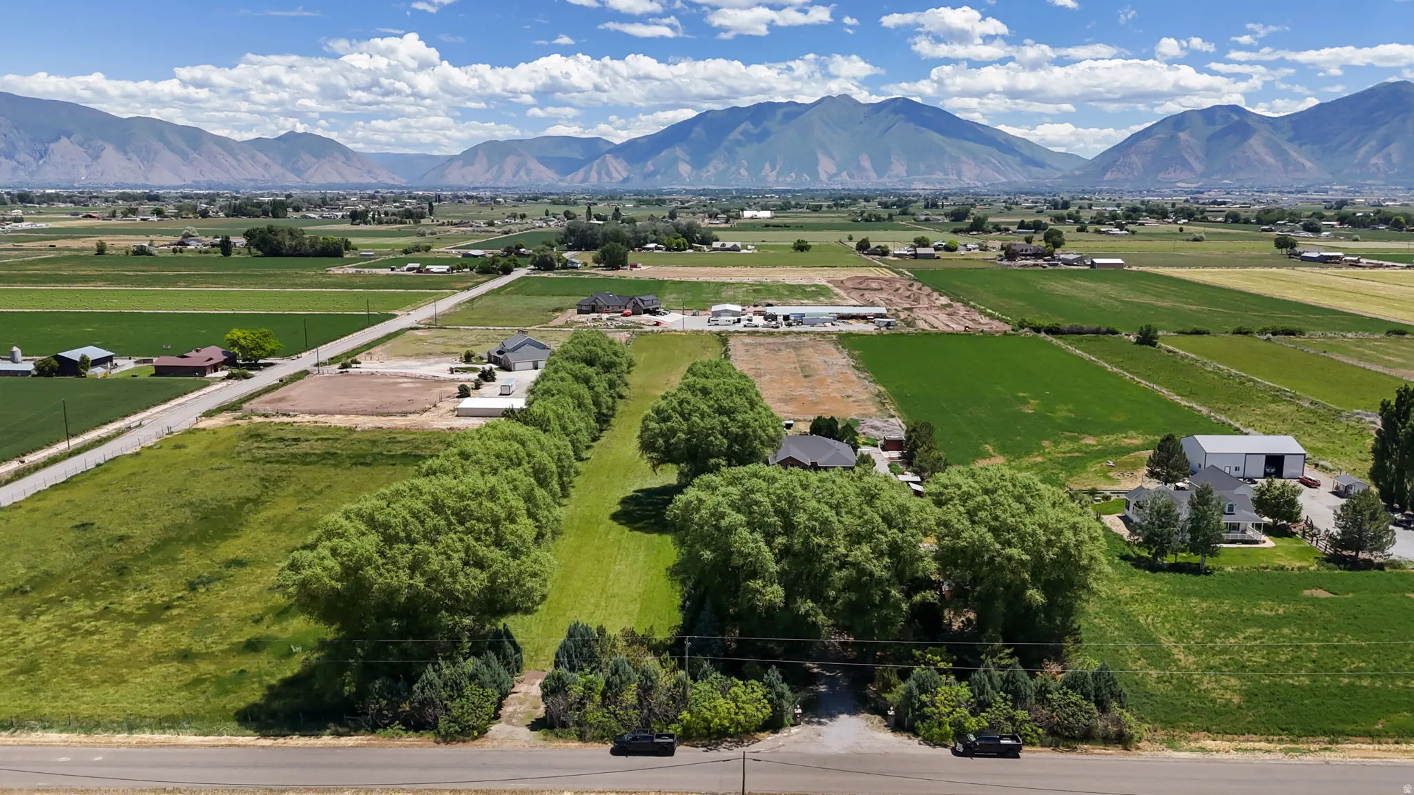 Expansive agricultural land featuring a tree-lined driveway, surrounding fields, and distant mountain ranges