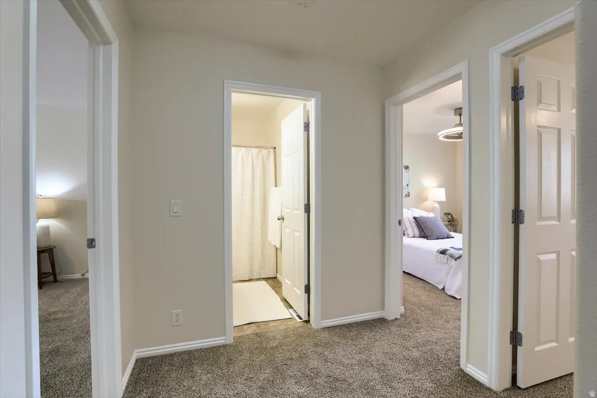Carpeted hallway with three doorways