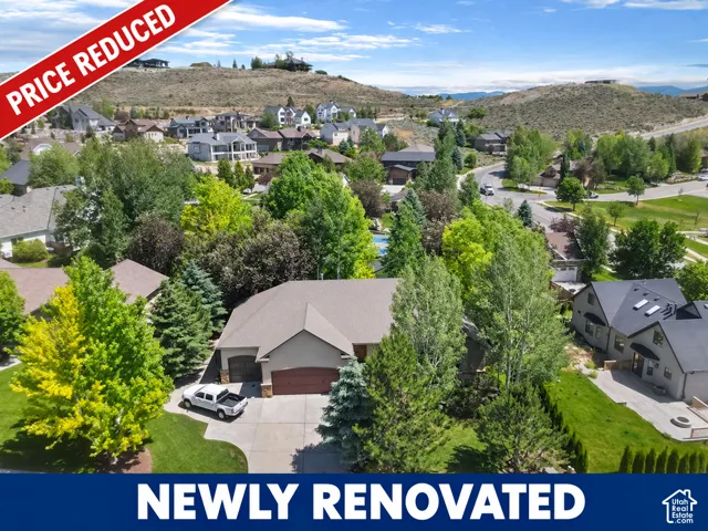 Newly renovated residence showcasing a modern architectural design with a spacious driveway, attached garage with dark finish doors, and mature landscaping featuring tall evergreen trees