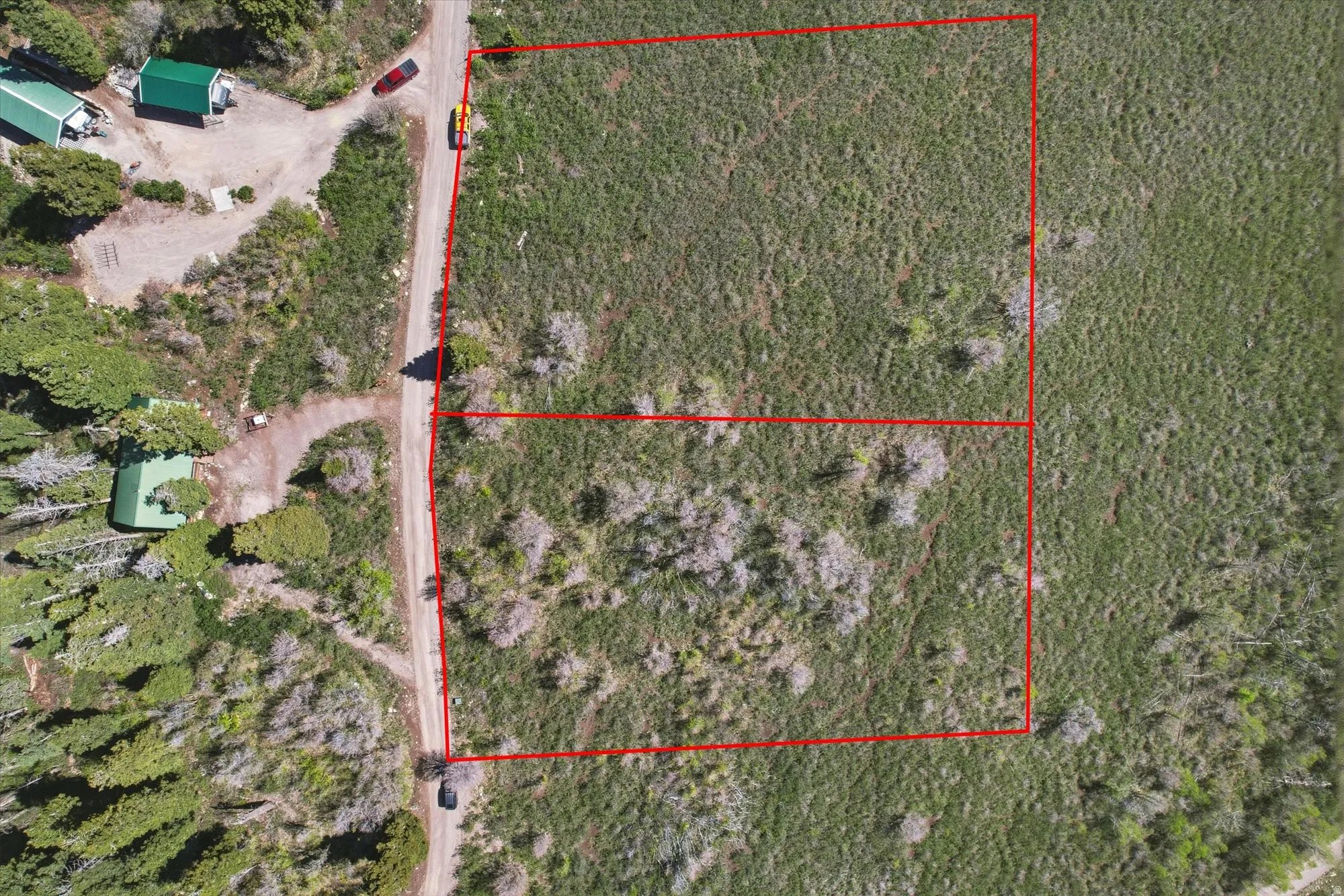 Aerial view of two distinct parcels of land, outlined in red, featuring natural vegetation