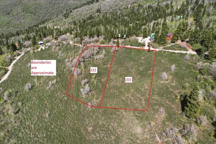 Expansive mountain-side lots J32 and J33 featuring natural vegetation and surrounding mature evergreen trees