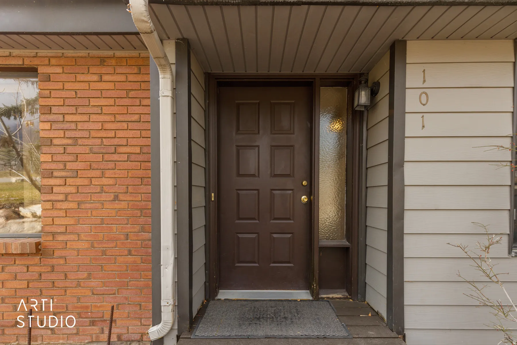 Entryway featuring a paneled brown door with brass hardware, a full-length frosted glass sidelight, and a recessed outdoor light fixture