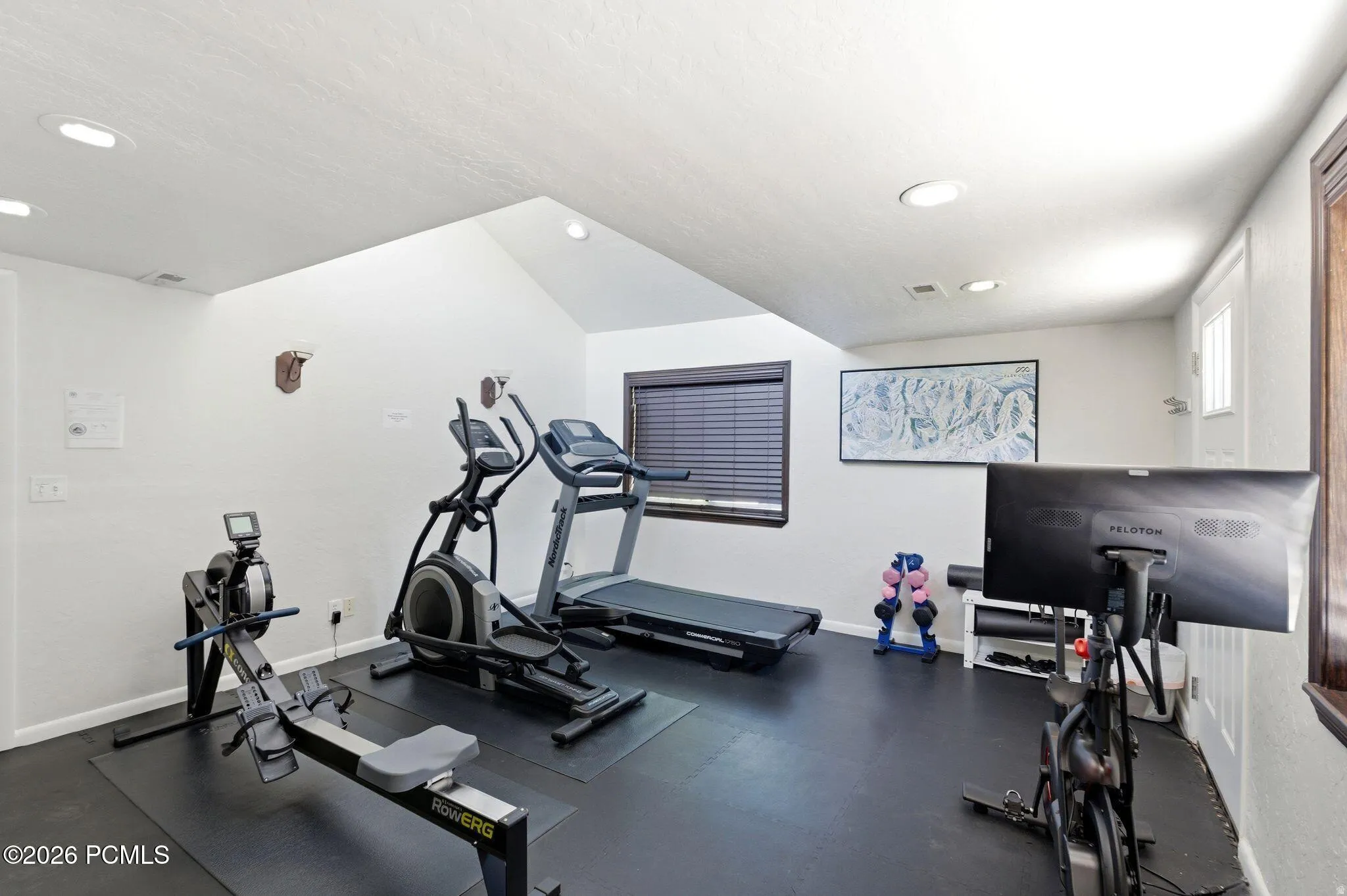 Dedicated exercise room featuring dark rubber flooring, white walls, and a vaulted ceiling