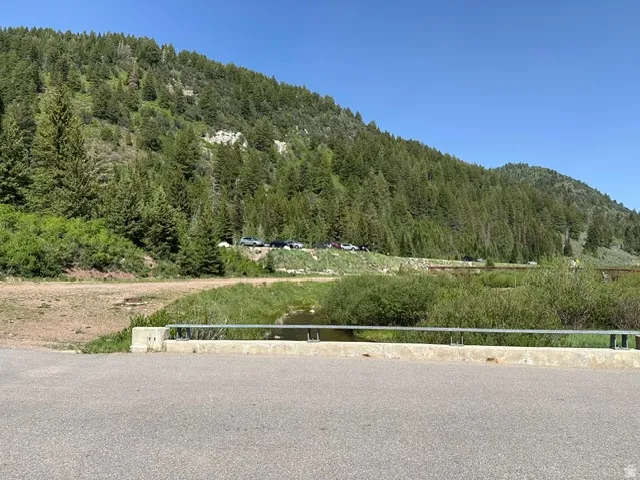 Road leading to a creek with metal railing