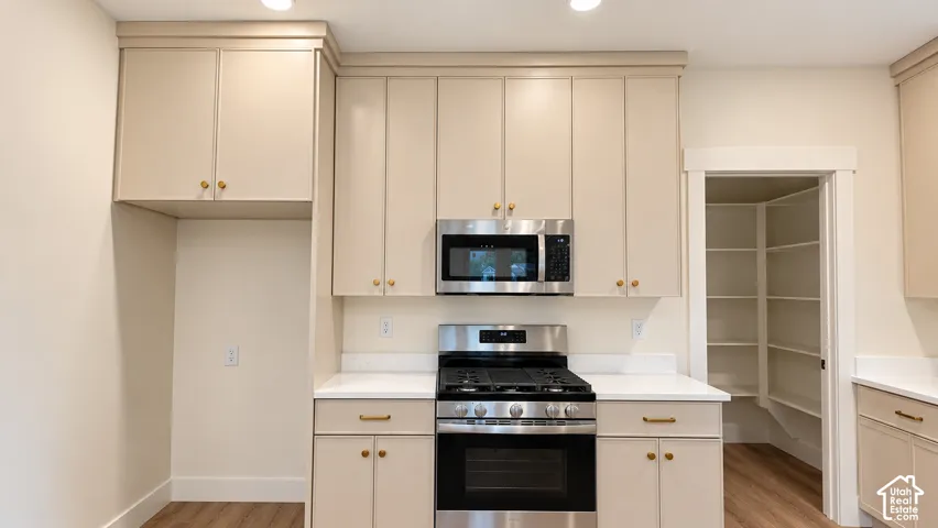 Kitchen featuring floor-to-ceiling cabinetry, stainless steel gas range, built-in microwave, stone-surface countertops, and walk-in pantry