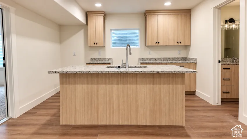 Kitchen featuring light-finish cabinetry, stone-composite countertops, a central island with a high-arch faucet, and wood-finish flooring