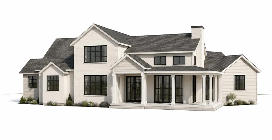 Architectural Rendering. Illustrating the exterior of a residential structure with multiple gables and a covered porch