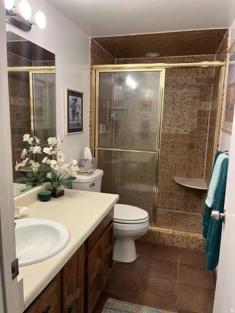 Full bathroom featuring a walk-in shower with gold-tone framed glass enclosure, brown tiled walls, and a built-in shower shelf