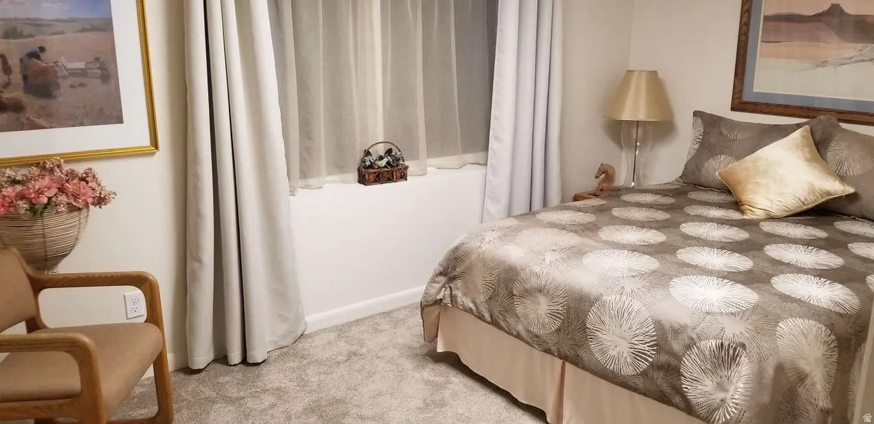 Carpeted room with a window, white baseboards, and neutral wall paint