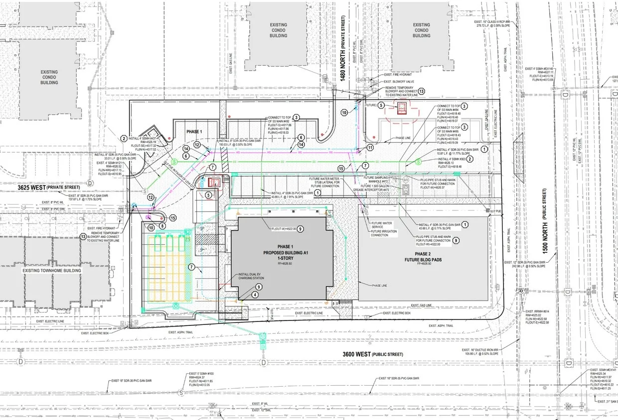 Site Plan. Illustrating the proposed development, existing structures, and utility infrastructure for the property
