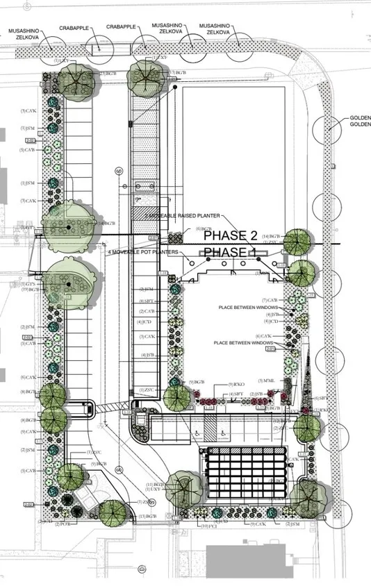 Landscape Plan. Illustrating the proposed property layout including plantings and structural elements