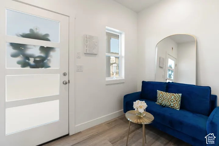 Entryway featuring a white door with frosted glass panels and brushed chrome hardware