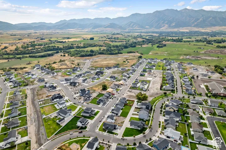 Aerial perspective showcasing a new residential development with distinct housing styles, paved streets, and manicured lawns