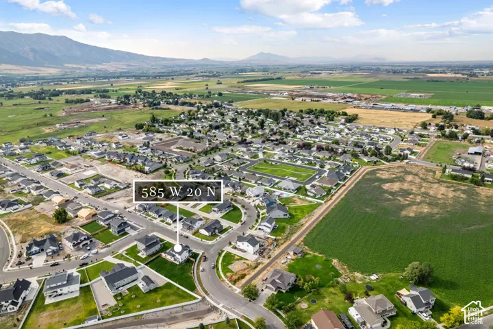 Aerial perspective showcasing a residential development with varied housing styles