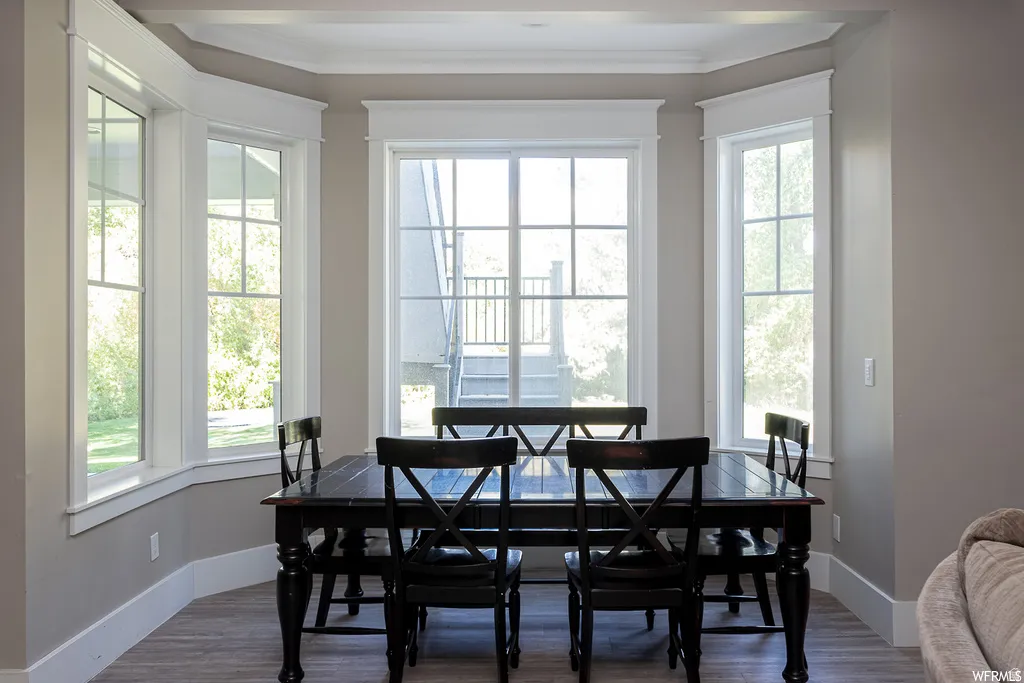 Bay window dining area featuring multiple large windows with muntins, crown molding, and wood-finish flooring