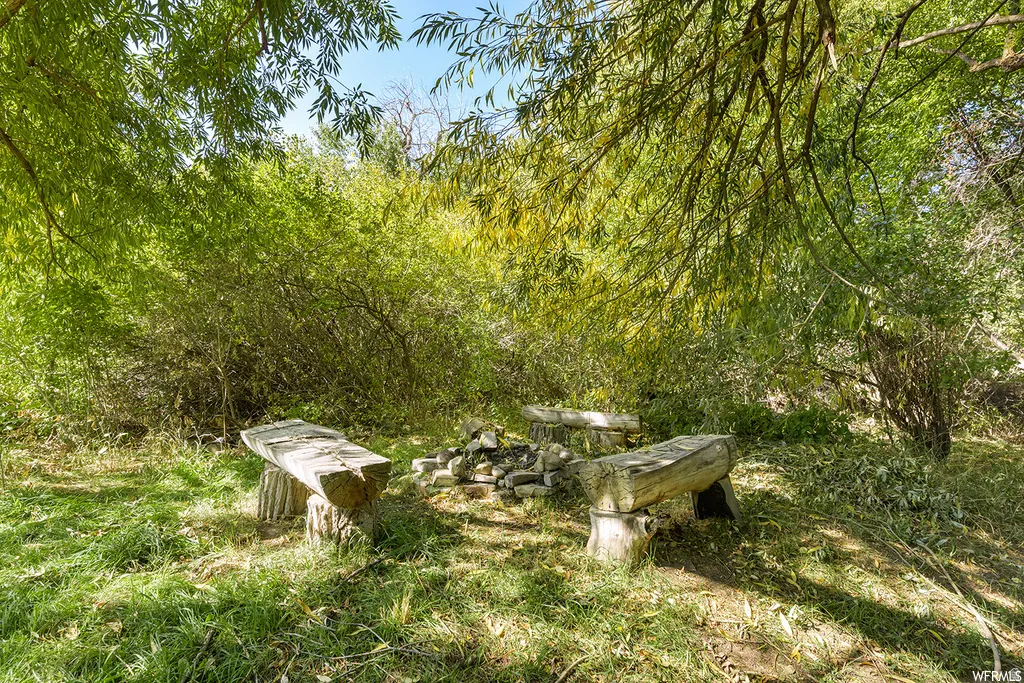 Outdoor entertaining area featuring a stone fire pit, two rustic wood benches, mature trees, and a grassy ground cover