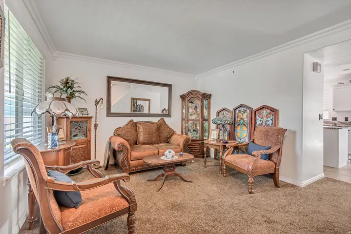 Living area featuring light-colored walls and crown molding