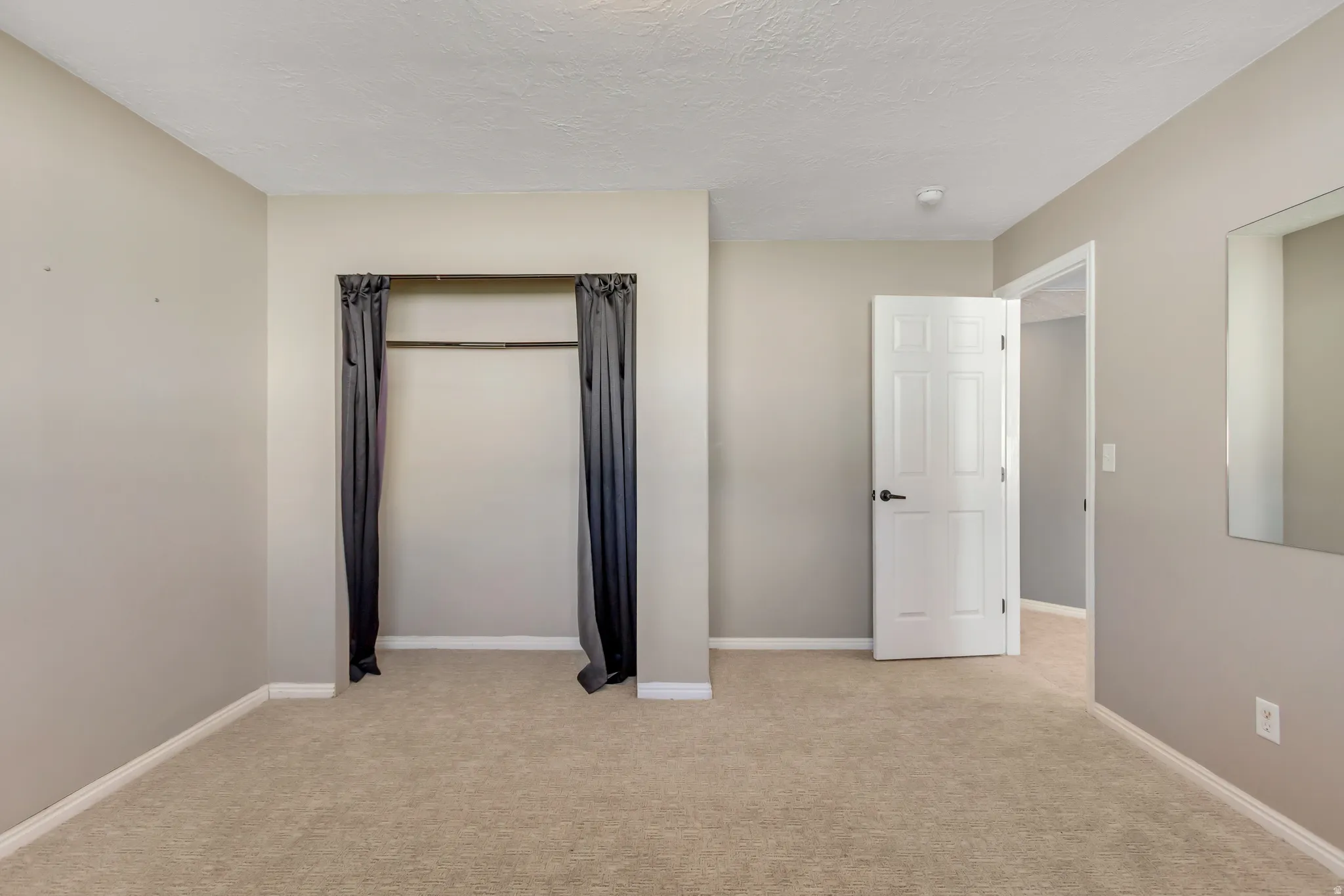 Carpeted room featuring a built-in closet with a hanging rod and dark fabric panels