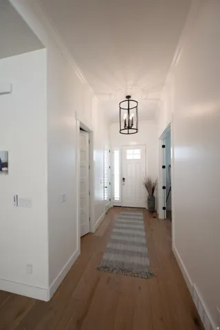Entryway featuring wood-finish flooring, white walls, and crown molding