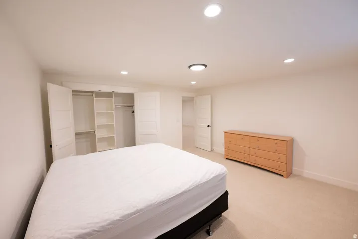 Carpeted room featuring a built-in closet with shelving and hanging rods