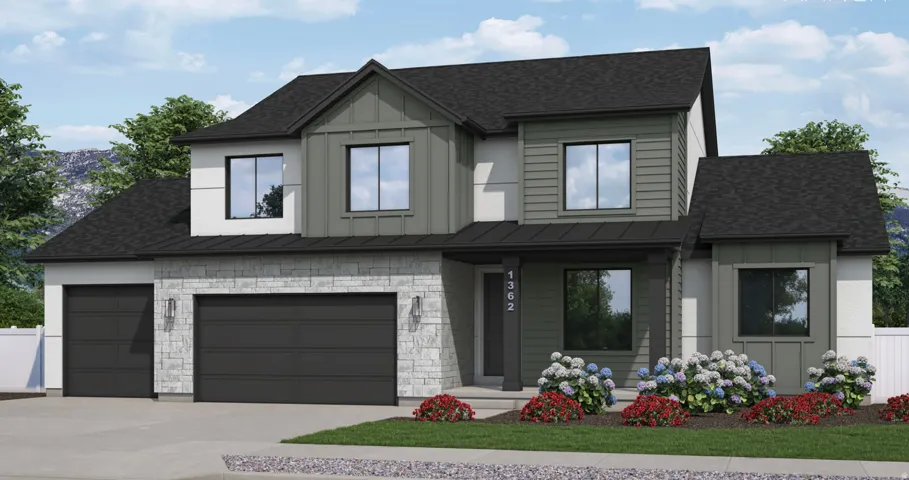 Contemporary two-story exterior featuring a stone facade and contrasting siding